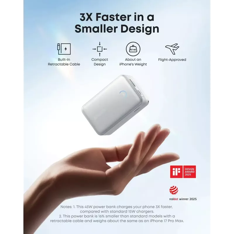 Akupank Anker Nano 45W sisseehitatud sissetõmmatava USB-C kaabliga A1638H11 10000 mAh Must