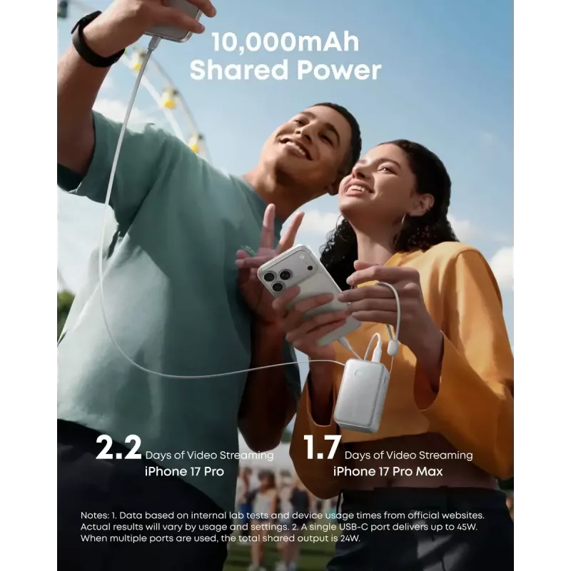 Akupank Anker Nano 45W sisseehitatud sissetõmmatava USB-C kaabliga A1638H11 10000 mAh Must