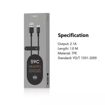 USB-A - USB-C kaabel Orsen S9C 1 m, 2,1 A, must