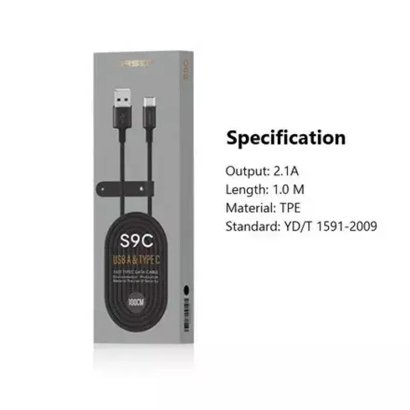 USB-A - USB-C kaabel Orsen S9C 1 m, 2,1 A, must