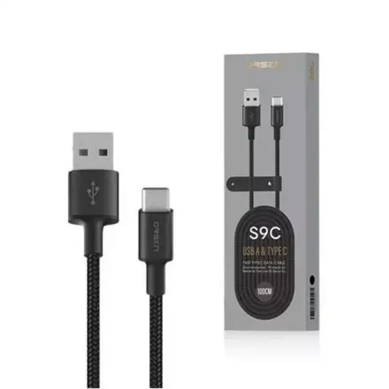 USB-A - USB-C kaabel Orsen S9C 1 m, 2,1 A, must