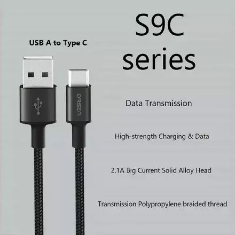 USB-A - USB-C kaabel Orsen S9C 1 m, 2,1 A, must