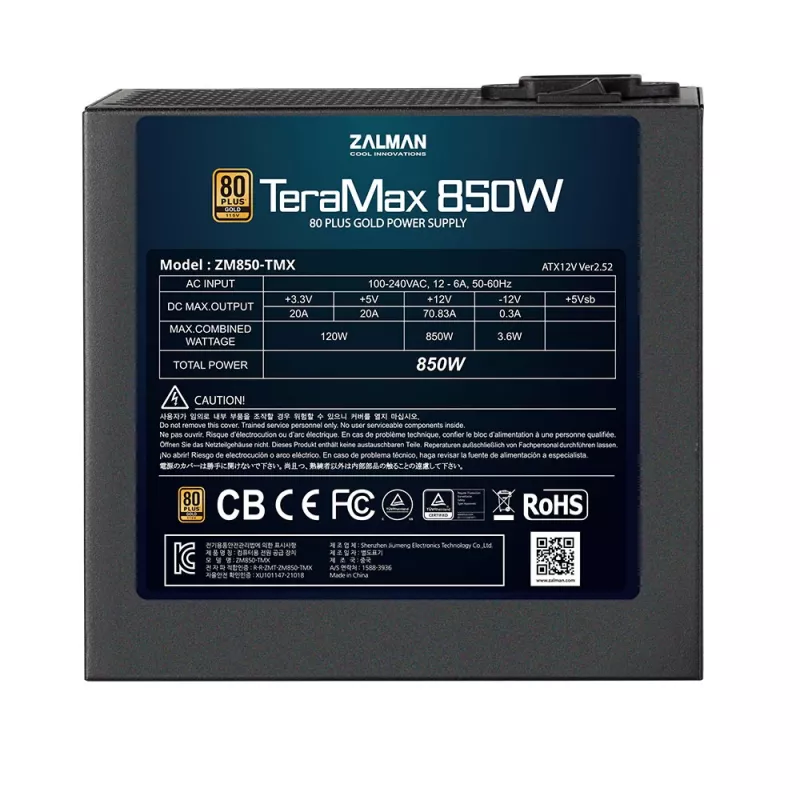 Zalman ZM850-TMX TerraMax 80 PLUS KULDNE toiteplokk 850W / täismoodulne 99,9% aktiivne PFC / üksik toiteallikas Must