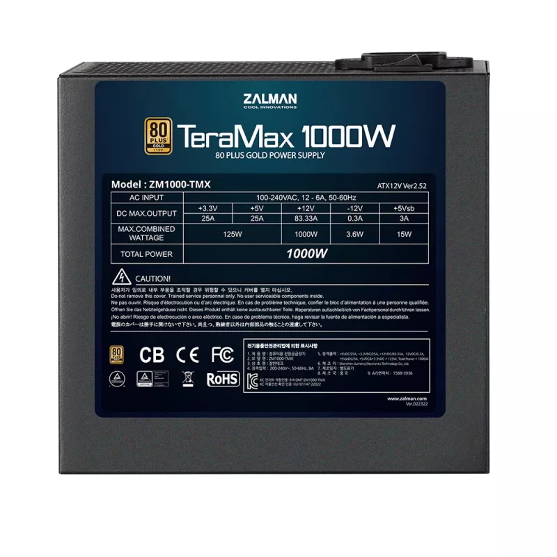 Zalman ZM1200-TMX TerraMax 80 PLUS GOLD toiteplokk 1200W/Täismodulaarne 99,9% aktiivne PFC/Üksik toiteplokk