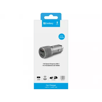 Sandberg Car Charger 1xQC3.0+1xUSB-C 48W, Auto, Sigaretisüütaja, 12 V, Metallik