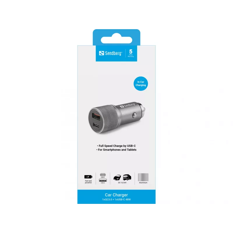 Sandberg Car Charger 1xQC3.0+1xUSB-C 48W, Auto, Sigaretisüütaja, 12 V, Metallik