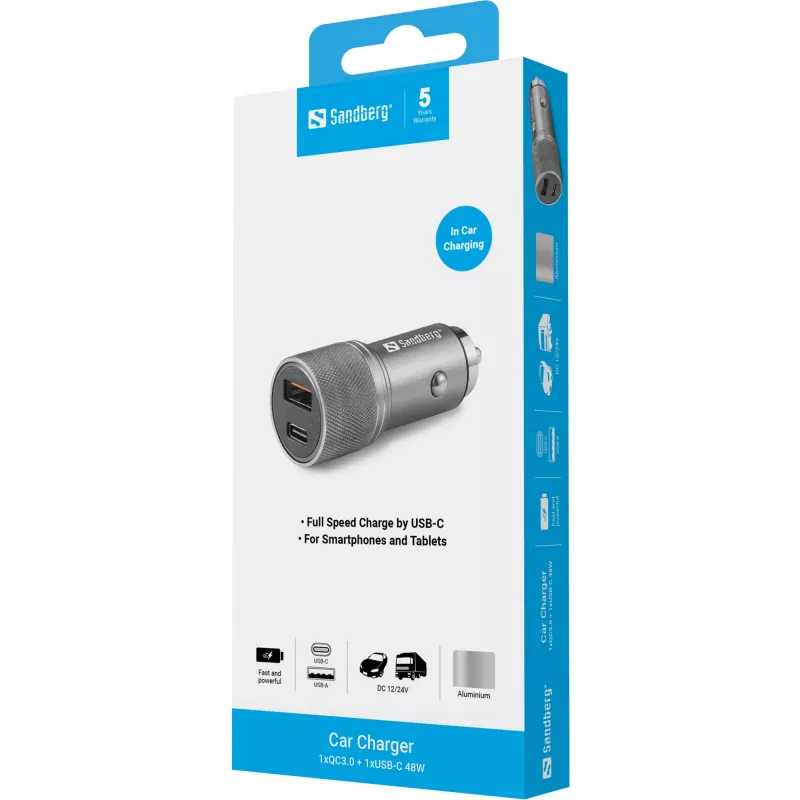 Sandberg Car Charger 1xQC3.0+1xUSB-C 48W, Auto, Sigaretisüütaja, 12 V, Metallik