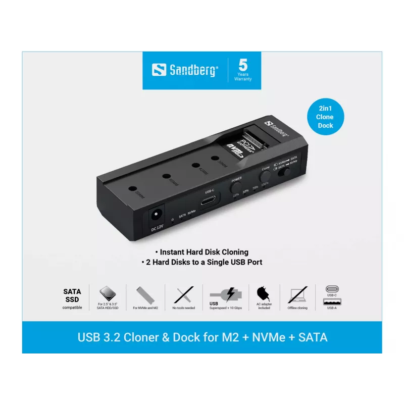 Sandberg USB 3.2 kloonija ja dokk M2 + NVMe + SATA jaoks