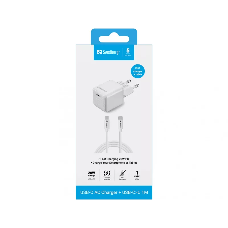 Sandberg USB-C 20W laadija siseruumidesse AC 1M kaabel kiirlaadimine