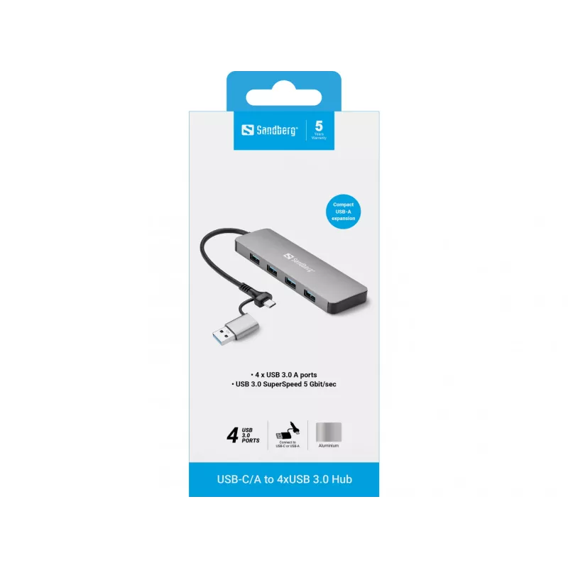 Sandberg USB-C/A kuni 4xUSB 3.0 jaotur alumiinium 5000 Mbit/s