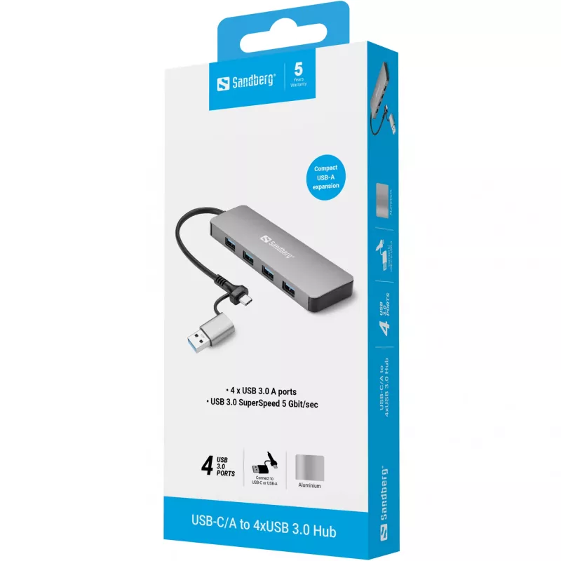 Sandberg USB-C/A kuni 4xUSB 3.0 jaotur alumiinium 5000 Mbit/s