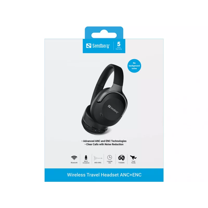 Sandberg Wireless Travel Headset ANC+ENC, juhtmevaba, kõned/muusika, 228 g, peakomplekt, must
