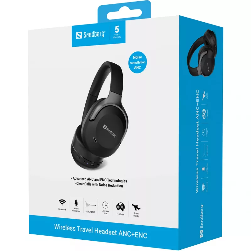 Sandberg Wireless Travel Headset ANC+ENC, juhtmevaba, kõned/muusika, 228 g, peakomplekt, must