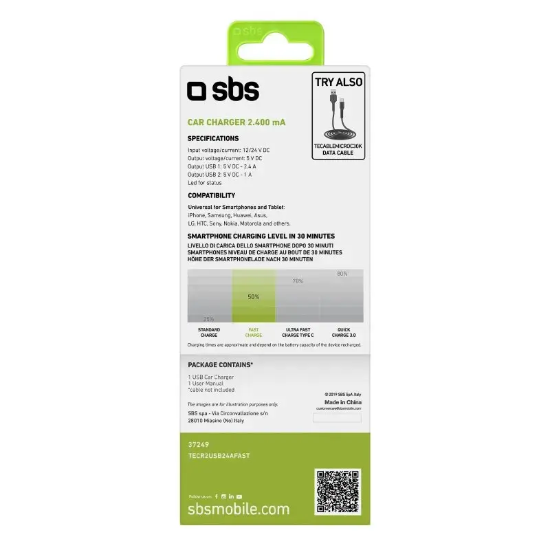 Auto USB laadija SBS Mobile TECR2USB24AFAST — auto sigaretisüütaja laadija, universaalne, must
