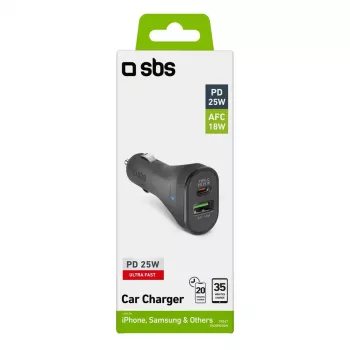Autolaadija SBS Mobile TECRPD25W — Auto sigaretisüütaja, 12–24V, 1×USB-A, 1×USB-C, Kiirlaadimine, Must
