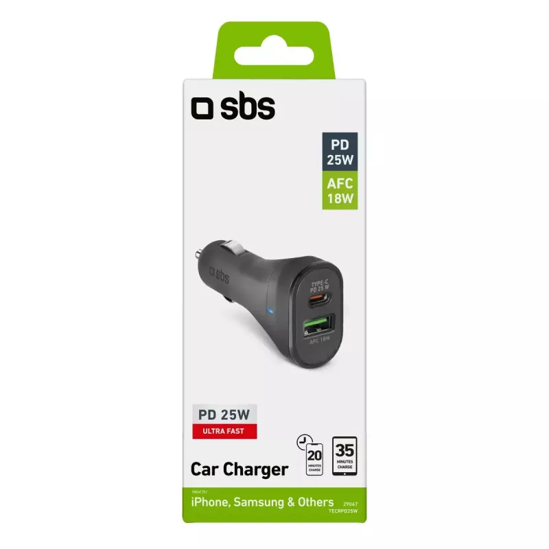 Autolaadija SBS Mobile TECRPD25W — Auto sigaretisüütaja, 12–24V, 1×USB-A, 1×USB-C, Kiirlaadimine, Must