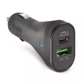 Autolaadija SBS Mobile TECRPD25W — Auto sigaretisüütaja, 12–24V, 1×USB-A, 1×USB-C, Kiirlaadimine, Must
