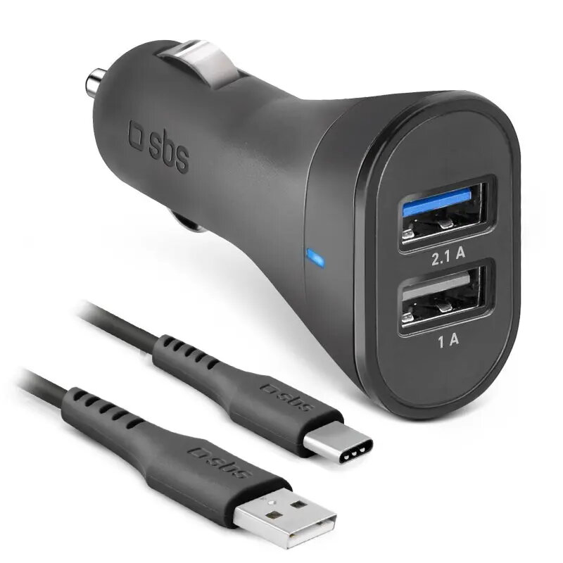 SBS Mobile USB-USB-C autolaadija komplekt, 2× USB 2.0 porti, 1 m kaabel, 12 W, 12/24 V sisend, must