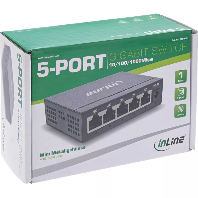 InLine Gigabit võrgulüliti 5 pordiga, 1 Gb/s, lauaarvuti, metallist korpus, ventilaatorivaba