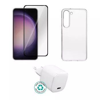 eSTUFFi Samsung Galaxy S23 laadijakomplekt – siseruumides kasutatav vahelduvvoolu mobiiltelefoni laadija, läbipaistev ja valge, 0,094 kg
