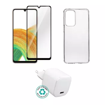 Siseruumides kasutatav vahelduvvoolu laadijakomplekt eSTUFF ES-KIT-SAMGALA335G Samsung Galaxy A33-le, ühildub mobiiltelefonidega, läbipaistev/valge, 0,094 kg