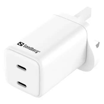 AC laadija SANDBERG Dual USB-C PD65W UK 441-62 — kaks USB-C PD 65W, UK pistik