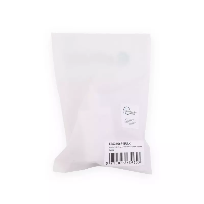 eSTUFF kodulaadur USB-C PD 67W GaN UK pistik - Valge - 100% taaskasutatud plast