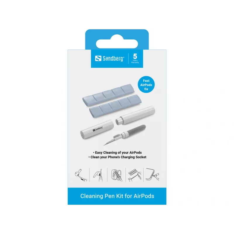 Puhastuskomplekt Sandberg Cleaning Pen Kit AirPodidele hall valge