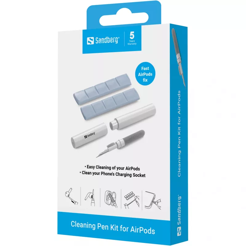 Puhastuskomplekt Sandberg Cleaning Pen Kit AirPodidele hall valge