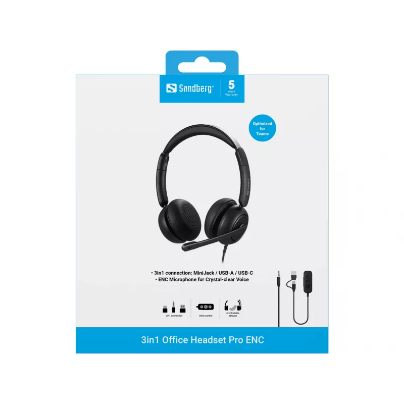 Juhtmega peakomplekt Sandberg 3in1 Office Headset Pro ENC 20-20000 Hz