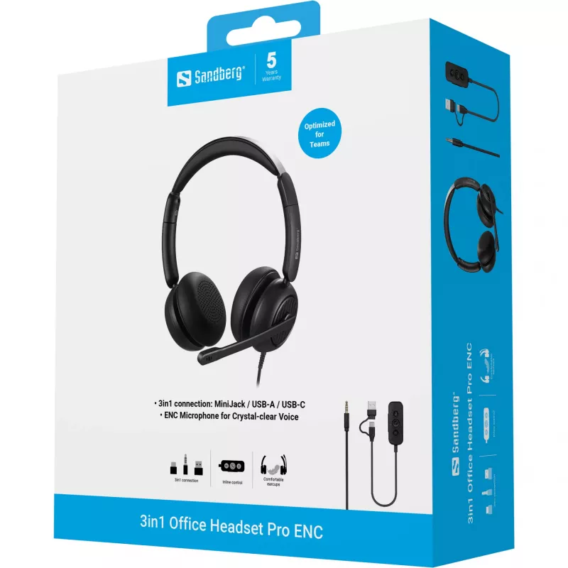 Juhtmega peakomplekt Sandberg 3in1 Office Headset Pro ENC 20-20000 Hz