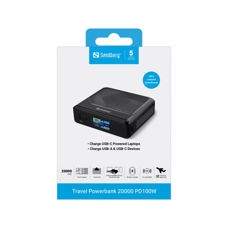 Kaasaskantav laadija Sandberg Travel Powerbank 20000 PD100W, 20000 mAh