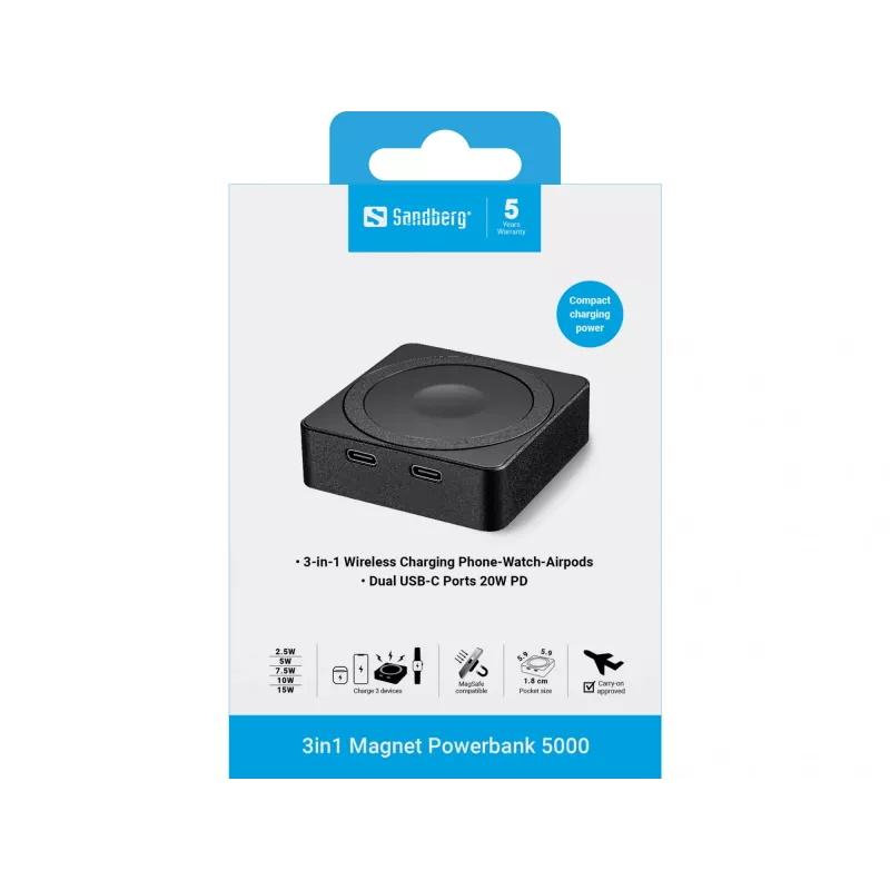 Kantav aku Sandberg 3in1 Magnet Powerbank 5000, 5000 mAh