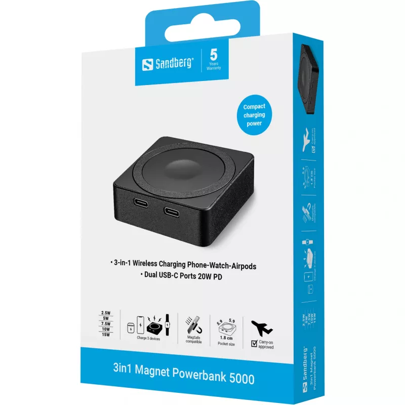 Kantav aku Sandberg 3in1 Magnet Powerbank 5000, 5000 mAh