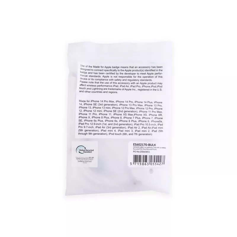 Lightning-kaabel eSTUFF ES602170-BULK 1m valge USB-C 2,4A