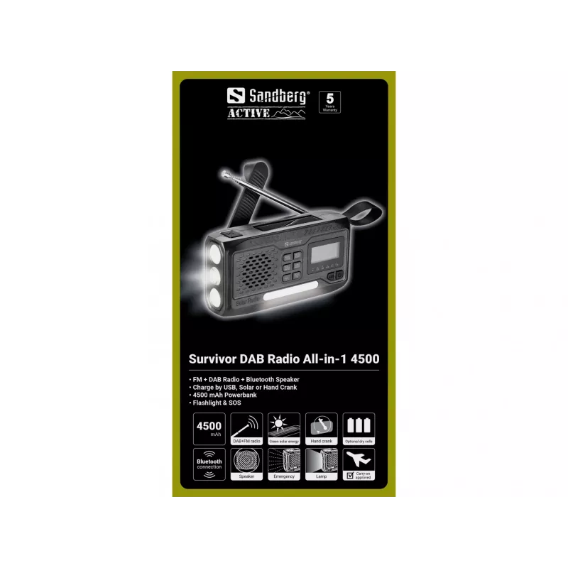Kantav raadio SANDBERG Survivor DAB Radio All-in-1 4500 — DAB+/FM, 87,5–108 MHz, 3 W RMS, USB-A ja USB-C, 4500 mAh aku