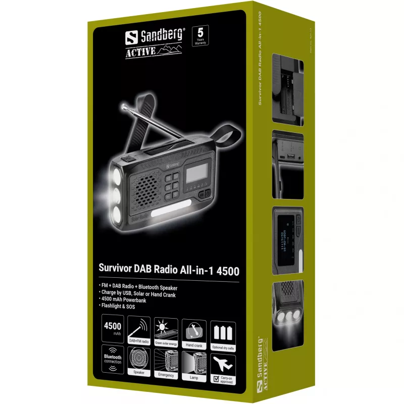 Kantav raadio SANDBERG Survivor DAB Radio All-in-1 4500 — DAB+/FM, 87,5–108 MHz, 3 W RMS, USB-A ja USB-C, 4500 mAh aku