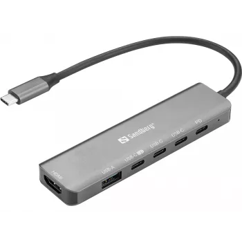 Dokkimisjaam SANDBERG USB-C 6-in-1 MediaDock — USB 3.2 Gen 1 USB-C 10 Gbit/s, 4K HDMI, PD kuni 100W, 1×USB-A, 1×USB2.0, hall