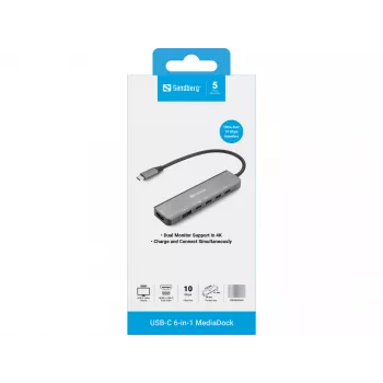Dokkimisjaam SANDBERG USB-C 6-in-1 MediaDock — USB 3.2 Gen 1 USB-C 10 Gbit/s, 4K HDMI, PD kuni 100W, 1×USB-A, 1×USB2.0, hall