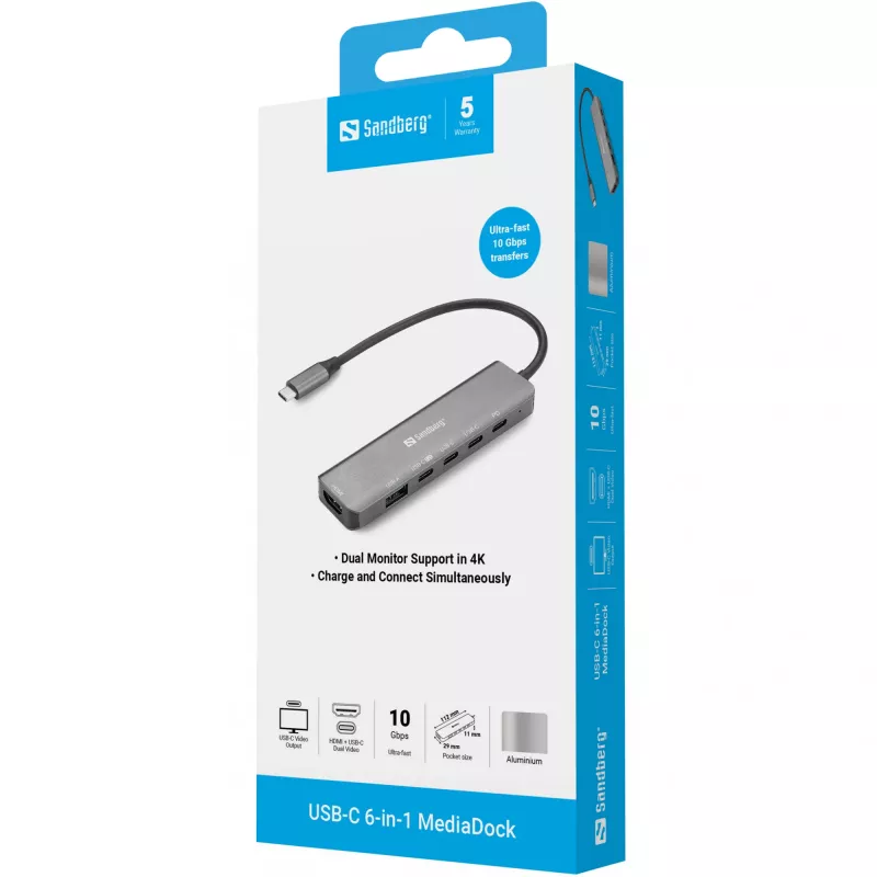 Dokkimisjaam SANDBERG USB-C 6-in-1 MediaDock — USB 3.2 Gen 1 USB-C 10 Gbit/s, 4K HDMI, PD kuni 100W, 1×USB-A, 1×USB2.0, hall
