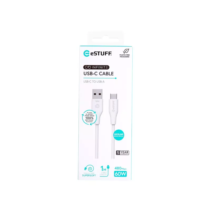 USB-kaabel eSTUFF ES605170 1m USB-C - USB-A USB 2.0 valge