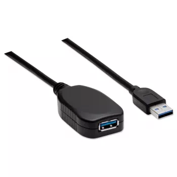 Manhattan USB-A USB-A pikenduskaabel, 5 m, isane emasele, aktiivne, 5 Gbps (USB 3.2 Gen1 ehk USB 3.0), sisseehitatud repiiter, SuperSpeed USB, must, kolmeaastane garantii, samaväärne tootega USB2AAEXT5M.