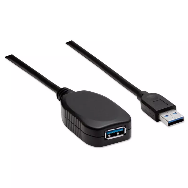 Manhattan USB-A USB-A pikenduskaabel, 5 m, isane emasele, aktiivne, 5 Gbps (USB 3.2 Gen1 ehk USB 3.0), sisseehitatud repiiter, SuperSpeed USB, must, kolmeaastane garantii, samaväärne tootega USB2AAEXT5M.