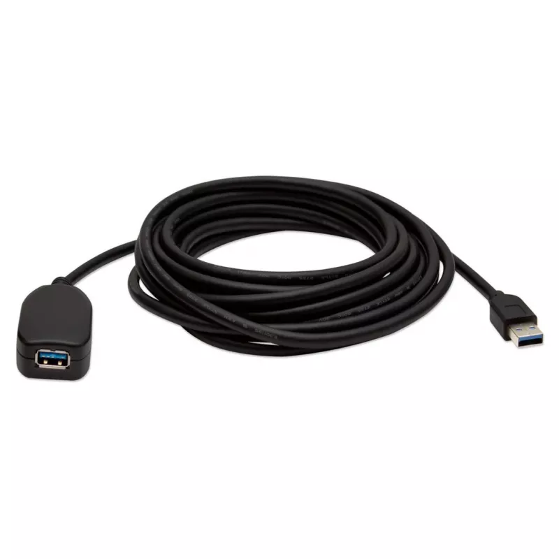 Manhattan USB-A USB-A pikenduskaabel, 5 m, isane emasele, aktiivne, 5 Gbps (USB 3.2 Gen1 ehk USB 3.0), sisseehitatud repiiter, SuperSpeed USB, must, kolmeaastane garantii, samaväärne tootega USB2AAEXT5M.