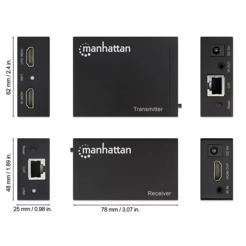 Manhattan HDMI 1080p üle Etherneti pikenduskomplekt, kuni 50 m ühe Cat6 kaabliga, Tx ja Rx moodulid, IR tugi, kolmeaastane garantii