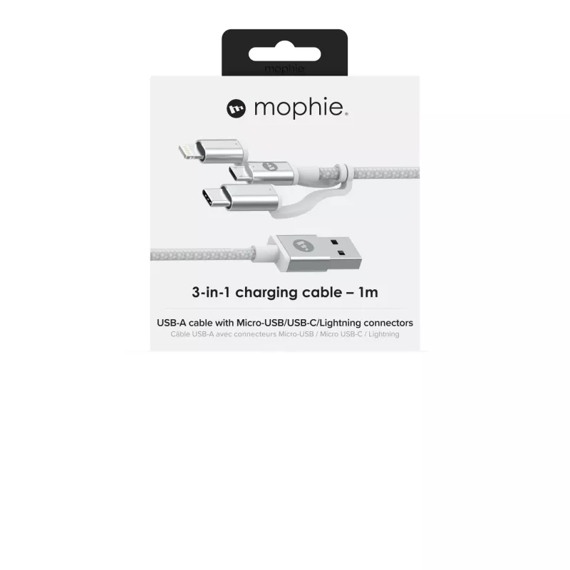 mophie laadimis- ja sünkroonimiskaabel – USB-A kuni Micro/USB-C/LTG – 1M – valge