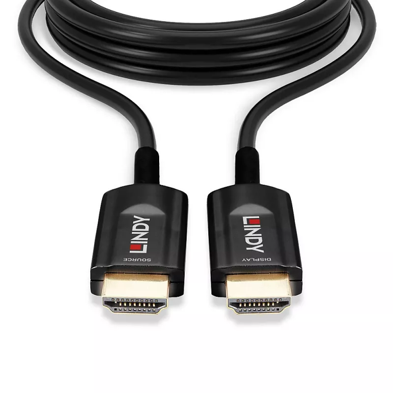 Hübriidne fiiberoptiline HDMI-kaabel Lindy 15 m, Ultra High Speed 48 Gbit/s, HDMI 2.1, kullatud pistikutega, must