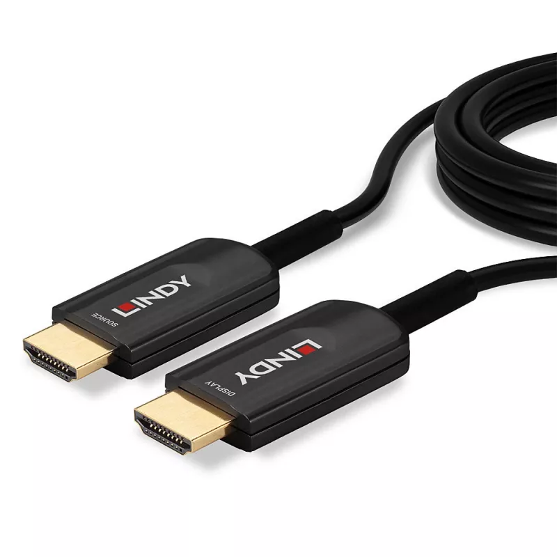 Hübriidne fiiberoptiline HDMI-kaabel Lindy 15 m, Ultra High Speed 48 Gbit/s, HDMI 2.1, kullatud pistikutega, must