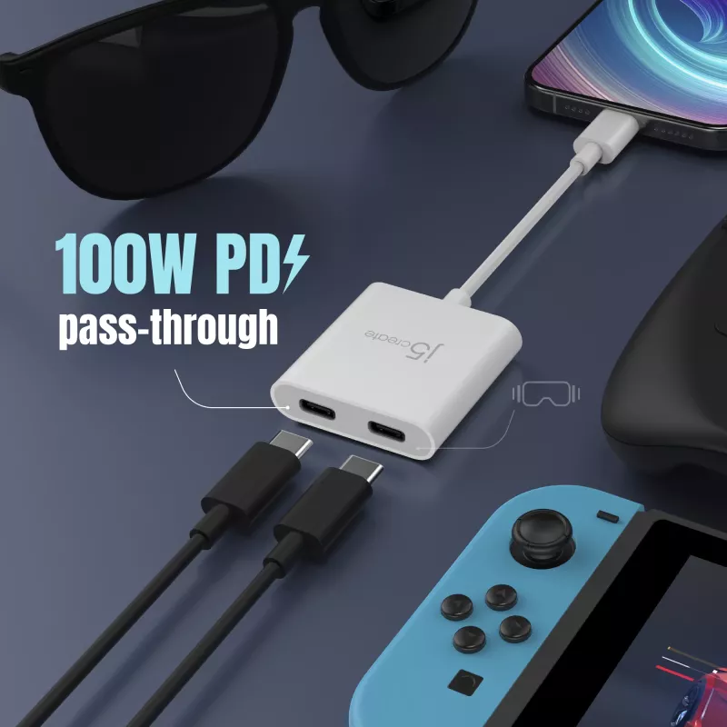 USB-C kuni kahe USB-C adapter j5create JCA164-N 3840x2160 240Hz