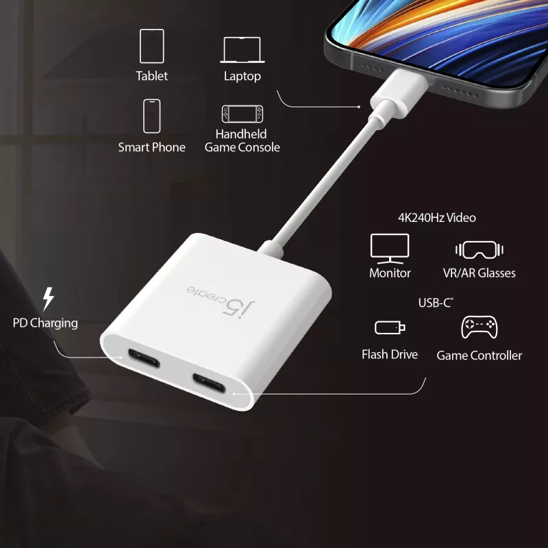 USB-C kuni kahe USB-C adapter j5create JCA164-N 3840x2160 240Hz